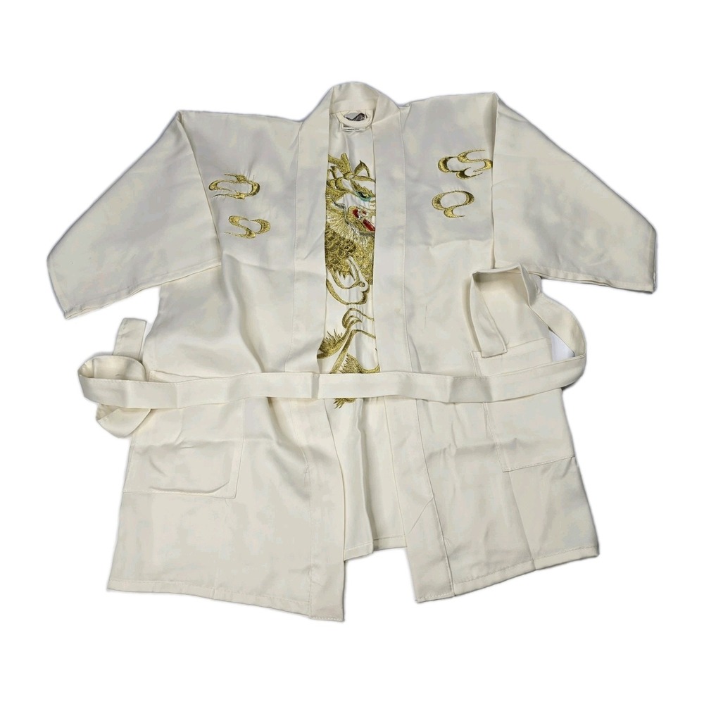 VTG Oriental Dragon KIMONO Robe L Polyester White Gold Authentic 1950s 60s 70s